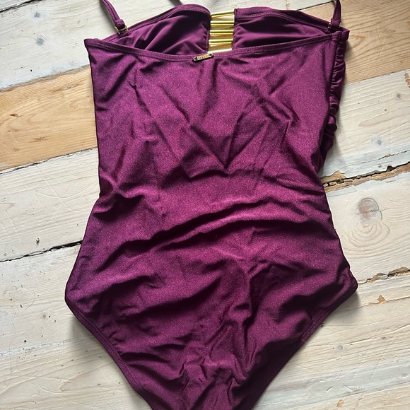 Tahari Plum One-Piece Swimsuit with Gold Accent Hardware - Picture 3 of 3